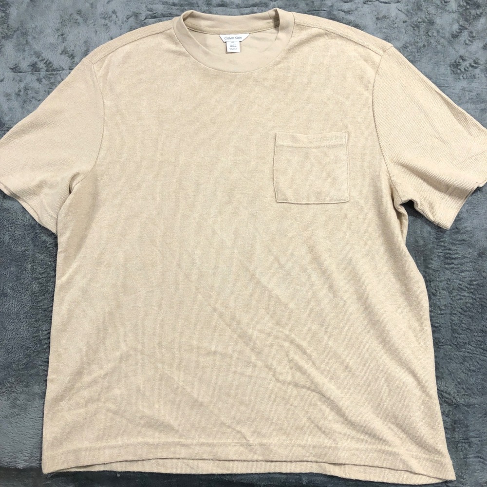 Calvin Klein‎ T-Shirt Mens Large Tan Beige Waffle Textured Knit Short Sleeve L